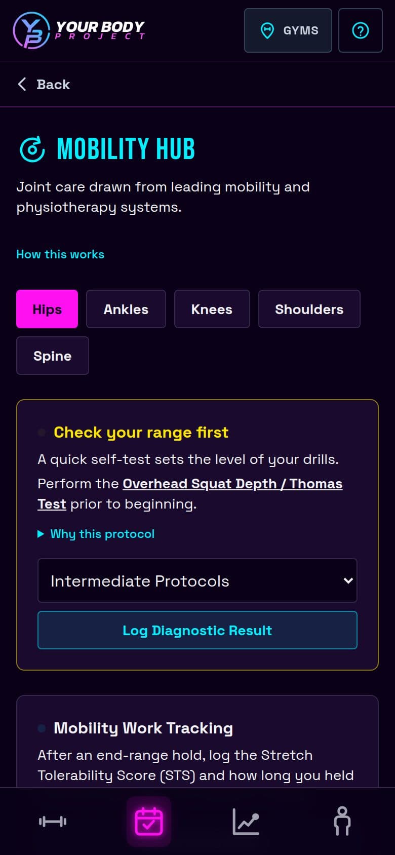 The Mobility Library of a demonstration account, with drills by joint: hips, ankles, knees, shoulders and spine.